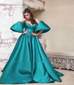 Элегантное арабское зеленое атласное бальное платье Дубая, платья для выпускного вечера, длинные пышные рукава, складки, драпированные, милые кристаллы, вечернее платье из бисера E6712005