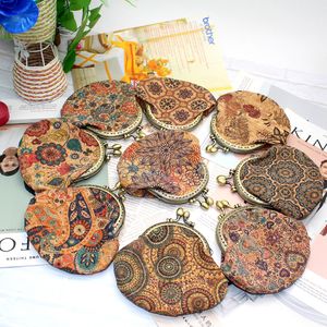 DHL50pcs Coin Purses Cork Leather Retro Leaf Circle National Printing Short Lipstick Bag Mix Style