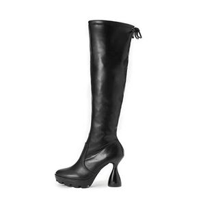 Kleidschuhe Voesnees Neue Frauen Wasserdichte Plattform Schwarz Elastische Lange Stiefel Mode Frühling Herbst Chunky Heels Overknee Booties H240325