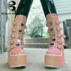 Pantofole Nuovo marca Heart Love Platform Wedges Combat Women Boots Paillettes Sequestro Zipper Punk Cool Motorcycle Ladies Scarpe