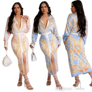 2024 Spring Summer 2 Piece Dress Set Women Full Sleeve Sexig Vintage Printed Shirt Tops och Long Kirt Night Club Party Beach Set for Women Outfits