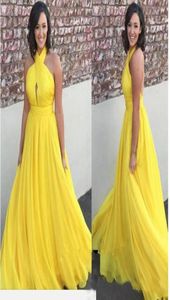 Bright Yellow evening dresses plus size 2019 prom dress Halter Chiffon evening gowns Floor Length Party Dress6200294