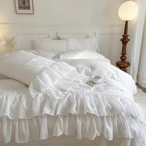 Bedding Sets White Washed Cotton Lace Patchwork With Floral Embroidery Ruffles Girl Set 1 Duvet Cover 2 Pillowcases Flat Sheet