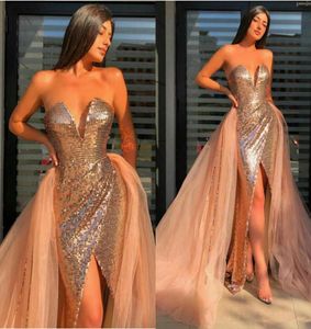 Sexy Rose Gold Evening Dresses With Detachable Train Sweetheart Bling Sequins Tulle Mermaid Prom Dress Split Formal Gowns7945940