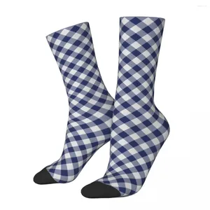 Meias masculinas harajuku azul marinho branco gingham verifica meia poliéster skate feminino meias primavera verão outono inverno