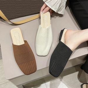 Sandals Square Toe Mules Women Summer Breathable Knitted Slides Ladies Soft Stretch Sandals Low Heel Casual Outdoor Slipper Shoes