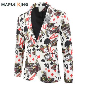 Oyun Kartları Poker Baskı Komik Erkek Blazer Ceket Kore Moda Partisi Prom Kostüm Homme Erkekler Vintage Suit Blazer Hombre 240309