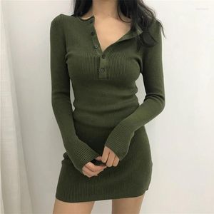 Casual Dresses Autumn Solid Elegant Green Warm 2024 Vintage Thick Winter Knitted Woman Sweater Dress Women Clothing Korean Sexy