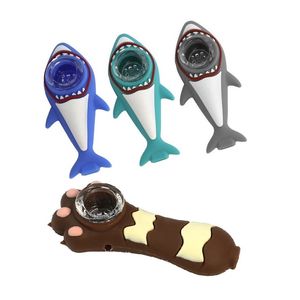漫画の壊れないシリコン喫煙ハンドパイプサメ猫足の形状スプーンパイプタバコドライハーブタバコオイルバーナーパイプダブリグボン
