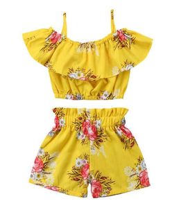 Bebê meninas floral impresso roupas crianças falbala suspender vestruffle shorts de cintura alta 2 pçs define verão crianças roupas a38098784281