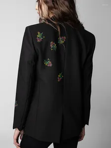 Kadınlar Suits Floral Rhinestones Blazer Black Hardigan Tek Düğmesi Uzun Kollu Ofis Leydi Takım 2024 Bahar