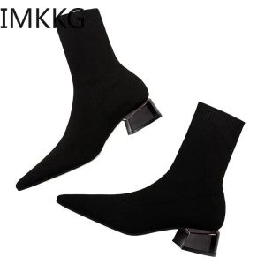 Boots 2020 Women Women Winter Winter Boots Women's Mid Highheeled Addered Socks Boots Boots Shicay Heel Black Bandies