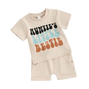 Conjunto de shorts para bebês, manga curta, gola redonda, camiseta com estampa de letras e roupa de 2 peças 240313