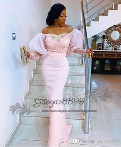 Real Nigerian lace long sleeve evening dresses off the shoulder Puff sleeve elegant beaded african arabic formal celebrity prom pa3213725