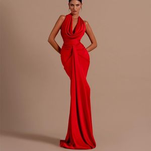 Sexy Long Red Cowl Neck Pleated Evening Dresses With Slit Mermaid Satin Sleeveless Floor Length Open Back Prom Dresses for Women