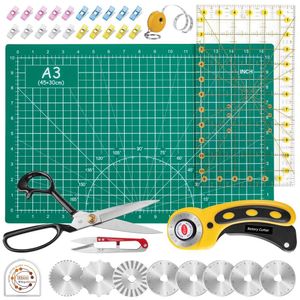 Set Whisperdam - Kit giallo che include taglierina rotativa per tessuti da 45 mm, 8 lame di ricambio, tappetino da taglio A3, forbici da cucito da 9 pollici, righello, clip e nastro adesivo