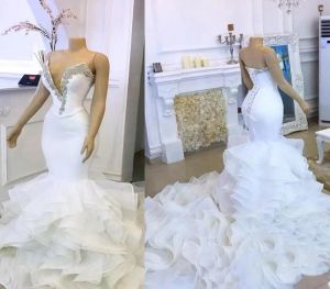 Dresses 2023 Gorgeous Mermaid Wedding Dresses Bridal Gown Ruffles Tiered Skirt Beaded V Neck Beach Sweep Train Custom Made Country Vestido