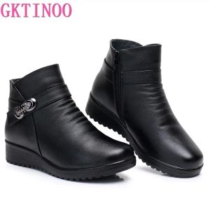 Hausschuhe Gktinoo Mode Winter weibliche Schuhe Frauen Leder -Knöchel flache Stiefel bequem dicke Plüsch warme Schneestiefel Mutterstiefel