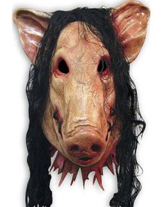 Skräck halloween mask såg 3 grismask med svarta hår vuxna full ansikts djur latex masker skräck maskerad dräkt med hår3271544