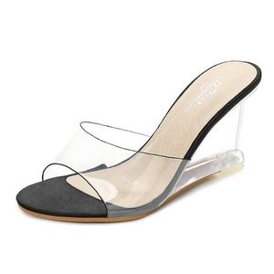 Sapatos de vestido Shuzumiao Chinelos Mulheres Cunhas Mulher 2020 Verão Transparente Sexy Fora Claro Salto Alto Slides Senhoras MujeresZ3JI H240321