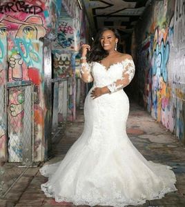 Африканская Русалка Свадебные платья больших размеров 2020 Новый дизайн со шлейфом 34 Прозрачные кружевные свадебные платья с длинными рукавами Vestido De Noiva W1154273114