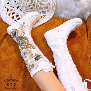 Casual Shoes Luxurious Knee High Cut Canvas Women Lace-up Mid Calf Boots Flat Heel Female High-top Flats Shoe