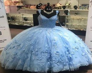 Fashion Light Sky Blue Floral Flowers Lace Off the shoulder Ball Gown Quinceanera Dresses with Sleeves Applique Prom Evening Dress4160881
