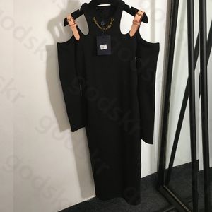Sexy Chain Hip Dress Women Black Slim Bare Shoulders Neck Skirt Leather Shoulder Strap Long Sleeve Knit Dress