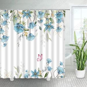 Shower Curtains Blue Flowers Butterfly Spring Watercolour Plants Floral Modern Minimalist Fabric Bathroom Decor Bath Curtain Set