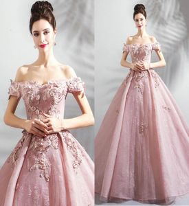 2019 Elegant Off the Shoulder Ball -klänning Long Evening Dresses 3D Flowers Beaded Custom Made Lace Formal Evening Gowns Prom Party DR6398569