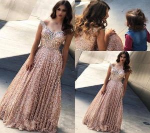 Sexy New Rose Gold A Line Sequined Prom Dresses Off Shoulder Beaded Sash Floor Length Arabic Sequins Formal Evening Wear Party Gow5193867