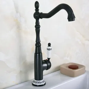 Kitchen Faucets Black Oil Rubbed Bronze One Ceramic Flower Handles Bathroom Basin Sink Faucet Mixer Tap Swivel Spout Deck Mounted Mnf650