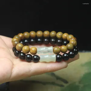 Strand Green Sandalwood Black 8mm Bracelet With Jade Stone Bamboo Joint Buddha Bead Fragrant For Men And Women