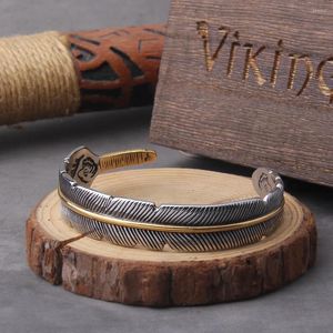 Charme pulseiras personalidade vintage pena prata cor aberta para homens pulseira ajustável jóias presente de pulso com caixa de madeira
