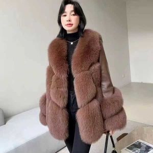 Peles de pele feminina Haining New True Fox Fur Grass Coat for Women Sheepskin Meio de comprimento e casaco integrado de pele para mulheres no outono e inverno {category}