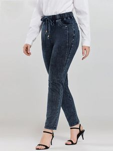 LIH HUA Calça jeans feminina plus size outono chique elegante para mulheres gordinhas jeans de malha de algodão 240315