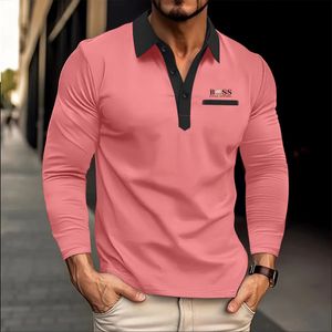 spring and summer mens buttonup long sleeve polo shirt fashion casual athletes neckline fitness Tshirt 240308