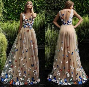 Butterfly And Flower Prom Dresses 2019 Sheer Neck Sleeveless Long Evening Gowns Back Covered Buttons Arabic Formal Party Dress Cus8017832