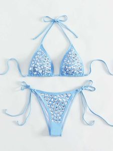 Mulheres de banho das mulheres luxo strass maiô azul de duas peças conjunto de biquíni sexy com decote em v cinta maiô verão praia terno j240319