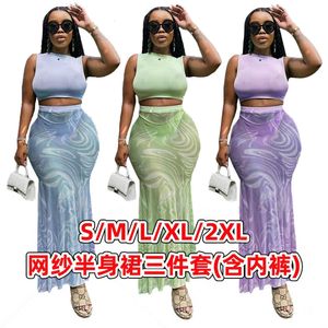 Two Piece Dress Women's Summer Sexy Gauze Perspective Fashion Printed Skirt Three-piece Set T240320
