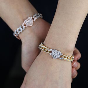 Iced Out Cubic Zirconia Heart Charm Two Tone Armband Cuban Chain Gold Silver Color For Women Men Wedding Jewelry Wholesale