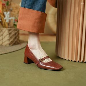 Dress Shoes Spring/Autumn Women Pumps Genuine Leather For Square Toe Chunky Heel Concise Mary Janes Buckle Black
