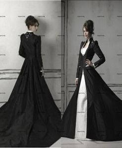 Medieval chapel Train Beading Satin Top Bridal Dresses vintage black white Gothic embroidery wedding Dresses With Long Sleeves coa9298738