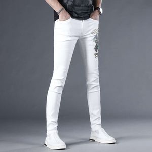 High End White Embroidered Jeans Men with Slim Fit and Small Feet, New Trendy Elastic Men's Pants for Summer 2024, Thin