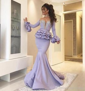 2019 Lilac Lavender Evening Dress Mermaid Peplum Tired Long Sleeves Holiday Wear Pageant Prom Party Gown Custom Made Plus Size2548202