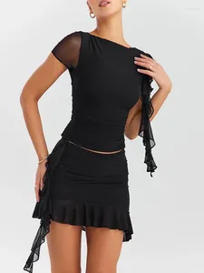 Vestidos de trabalho 2024 verão elegante plissado conjunto de duas peças feminino o pescoço manga curta colheita topos mini saia feminina moda festa sexy vestido