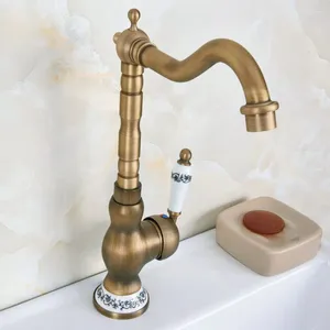 Kitchen Faucets Antique Brass Single Ceramic Flower Handles Base Bathroom Basin Sink Faucet Mixer Tap Swivel Spout Deck Mounted Mnf610