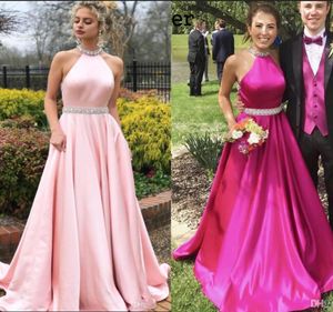 Ärmelloses, perlenbesetztes Kristall-Neckholder-Rückenfreies Satin-Rosa-Abendkleid mit langen Ärmeln für den Abschlussball 20191268959