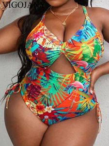 Women's Swimwear VigoJany 2024 Print Strapped Plus Size Women Back Cross Hollow Large One Piece Swimsuit Summer Beach Big Bathing Suit