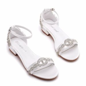 Sandals Women Sandals Fashion Sexy Rhinestone Silk 2CM Flat Heels Buckle Strap Bride Wedding Women's Shoes White Women Dress Sandals